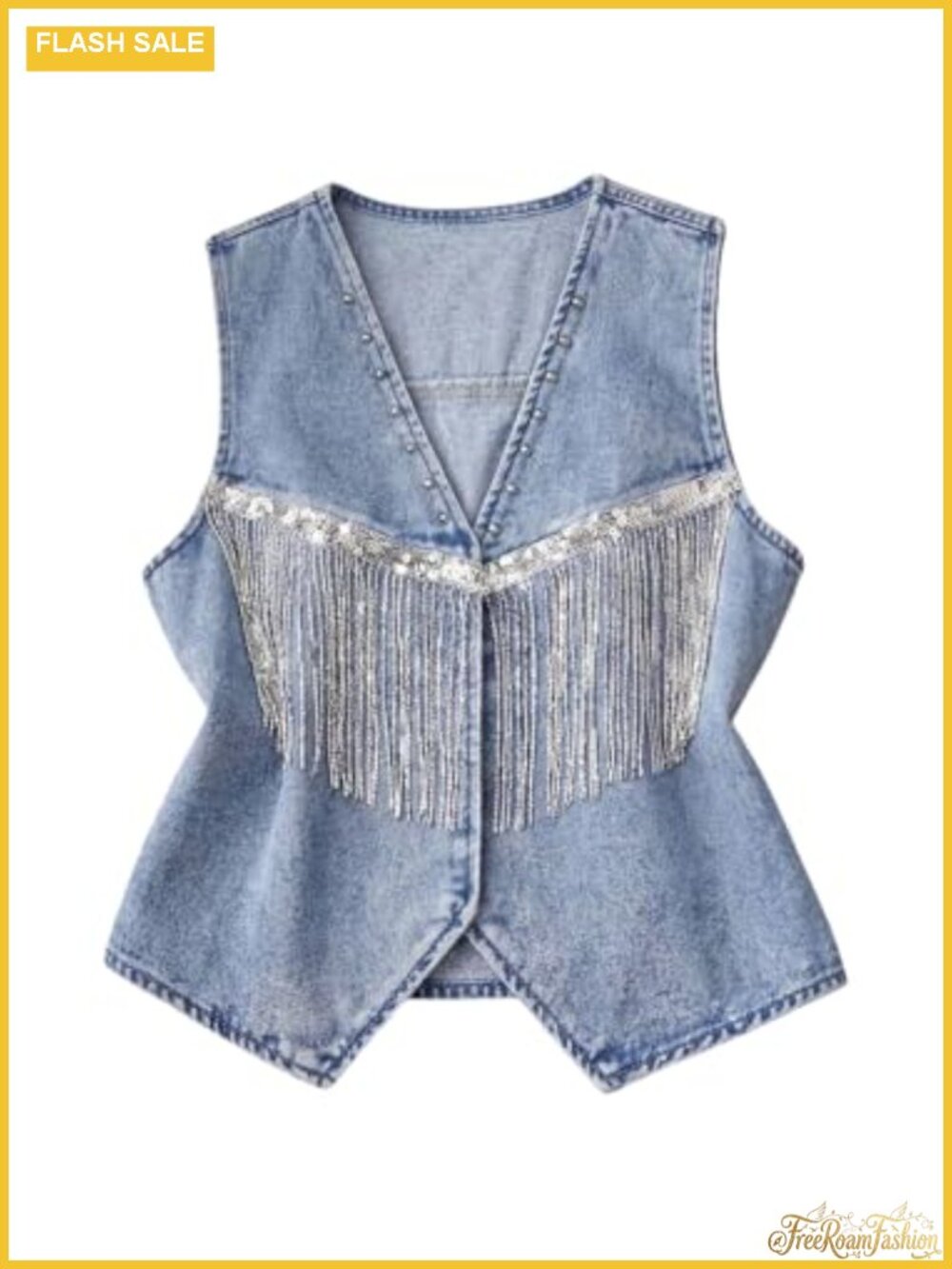 Sequin Fringe Denim Vest Sleeveless Jean Jacket Women Open Back